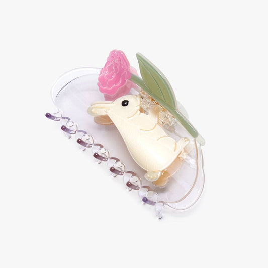 Cream Bunny Rabbit with Pink Peony Flower Acetate Hair Claw