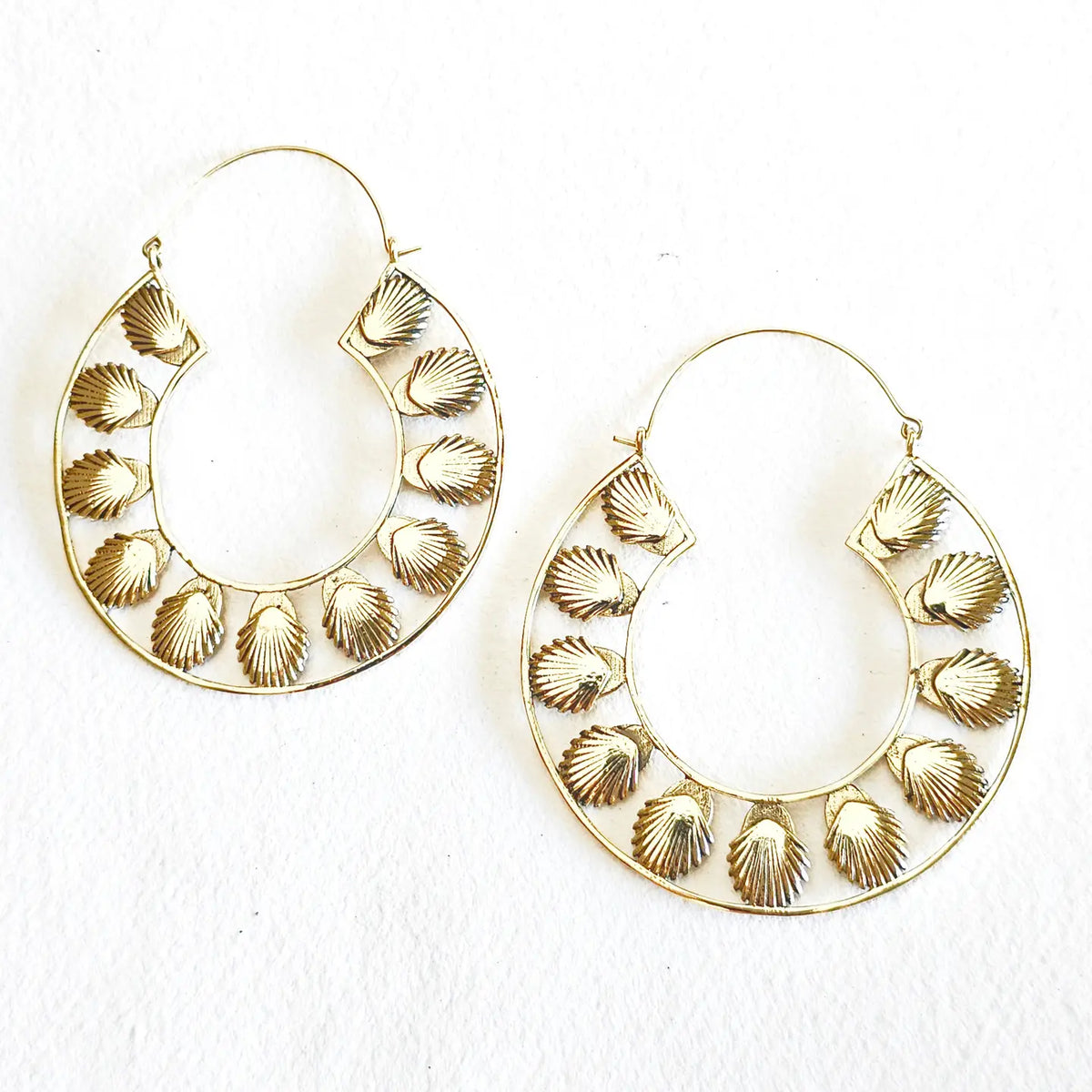 Brass Big Bold Hoop Earrings Large Seashells
