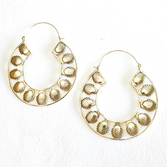 Brass Big Bold Hoop Earrings Large Seashells