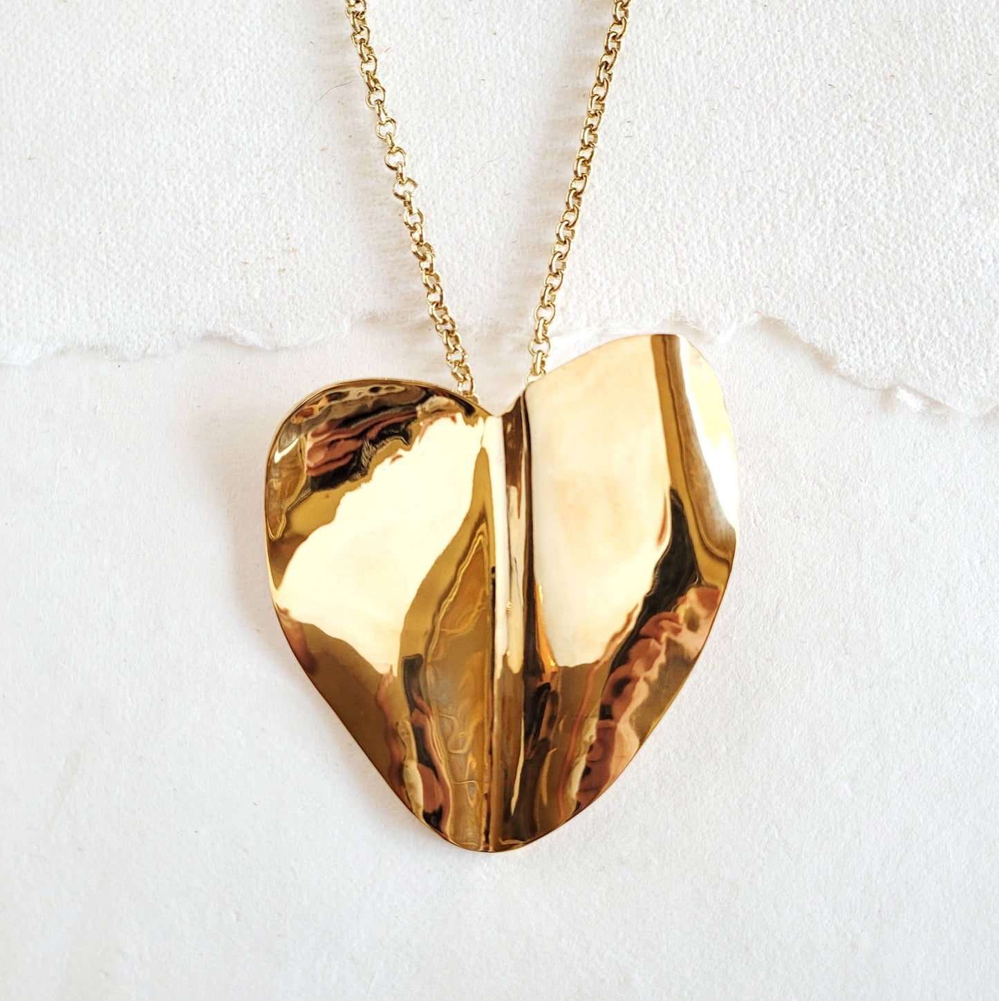 Crushed brass large Beaten Heart Pendant necklace