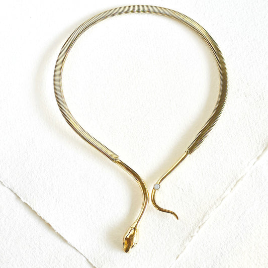 Brass Snake Serpent Moonstone Choker Necklace