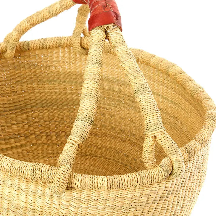 Basic Bolga Farmer's Market Shopper Basket with Brown Leather Handles